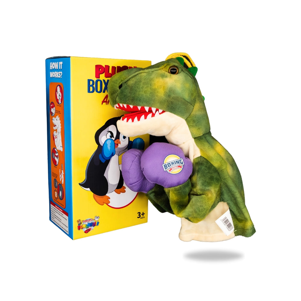 Packaging view of Plush Dinosaur Boxing Toy, displaying the box design and toy features listed.