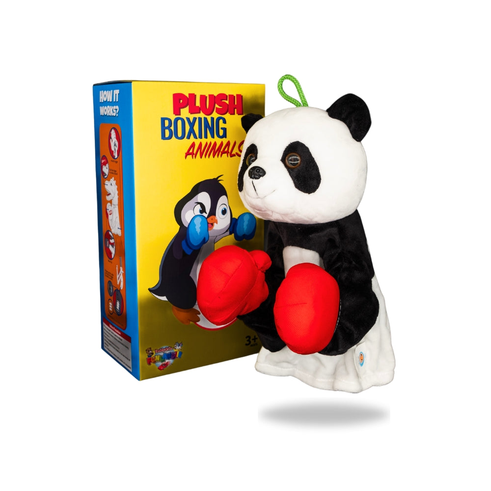 Packaging view of Plush Panda Boxing Toy, displaying the box design and toy features listed.
