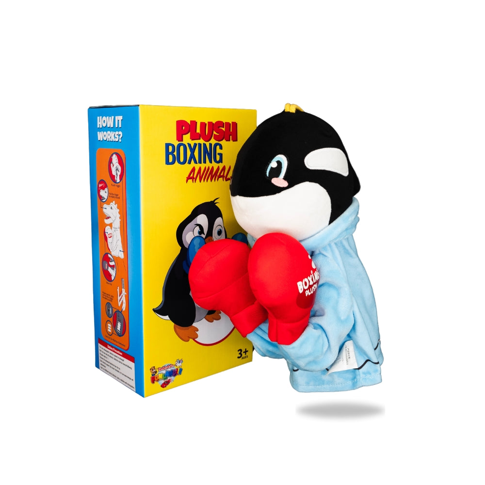Packaging view of Plush Whale Boxing Toy, displaying the box design and toy features listed.