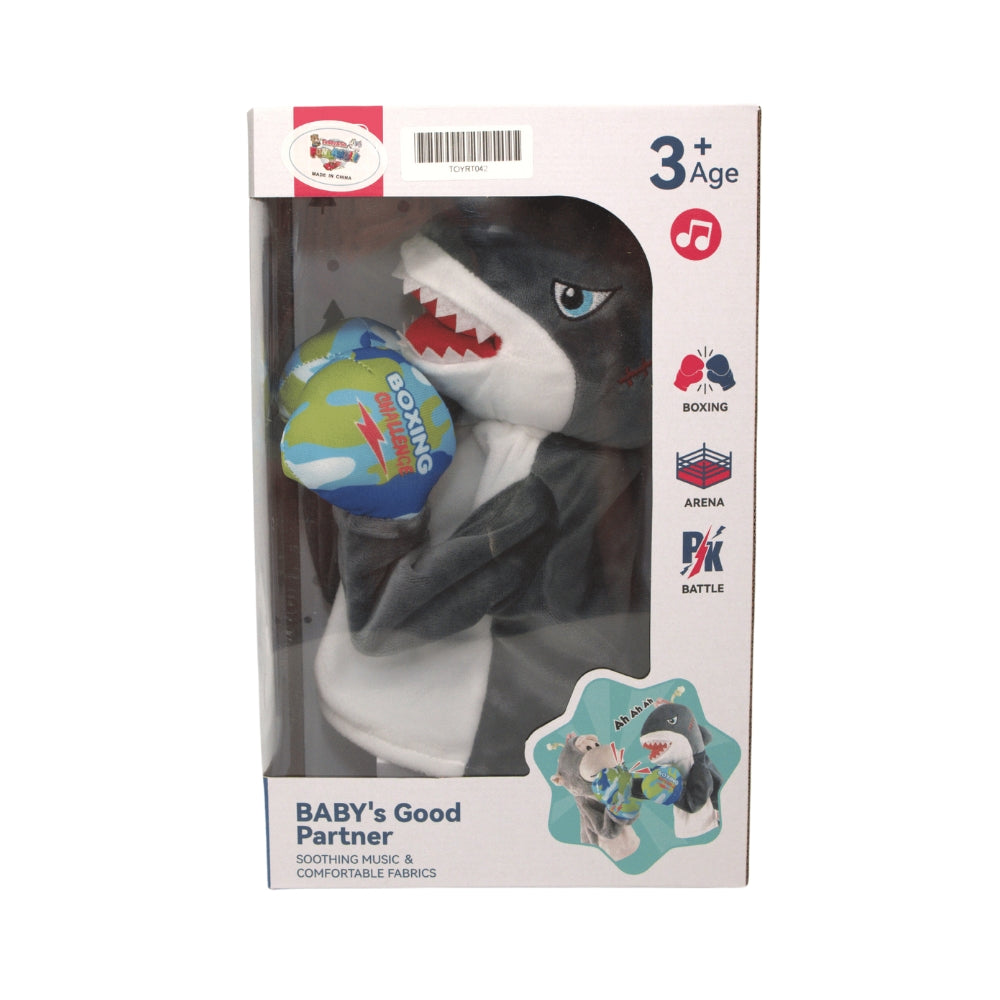 Packaging view of Plush Shark Boxing Toy, displaying the box design and toy features listed.