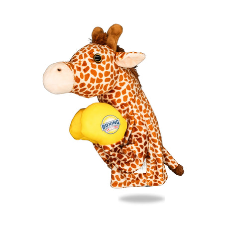 Side view of Plush Giraffe Boxing Toy, highlighting its side profile and boxing gloves detail.