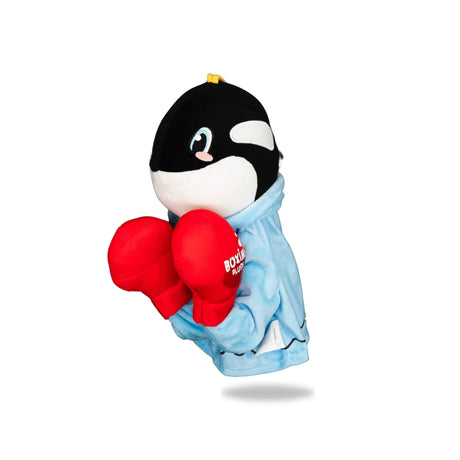 Side view of Plush Whale Boxing Toy, highlighting its side profile and boxing gloves detail.