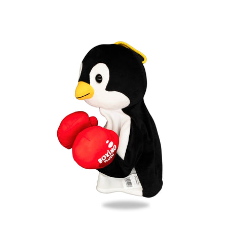 Side view of Plush Penguin Boxing Toy, highlighting its side profile and boxing gloves detail.