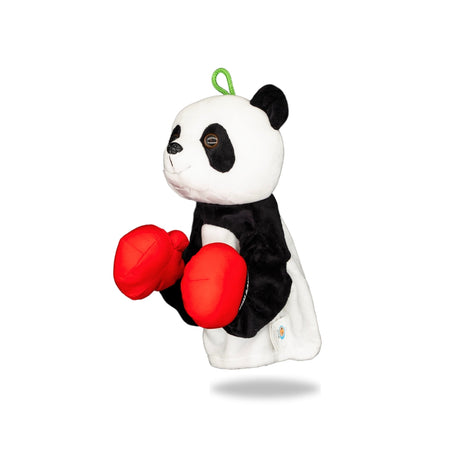 Side view of Plush Panda Boxing Toy, highlighting its side profile and boxing gloves detail.