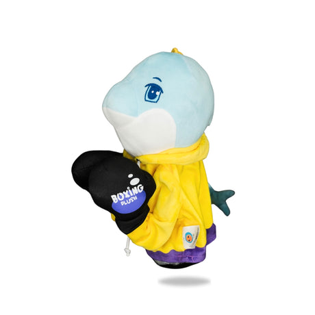 Side view of Plush Dolphin Boxing Toy, highlighting its side profile and boxing gloves detail.
