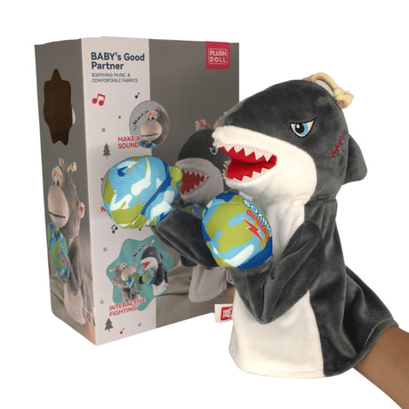 Side view of Plush Shark Boxing Toy, highlighting its side profile and boxing gloves detail.