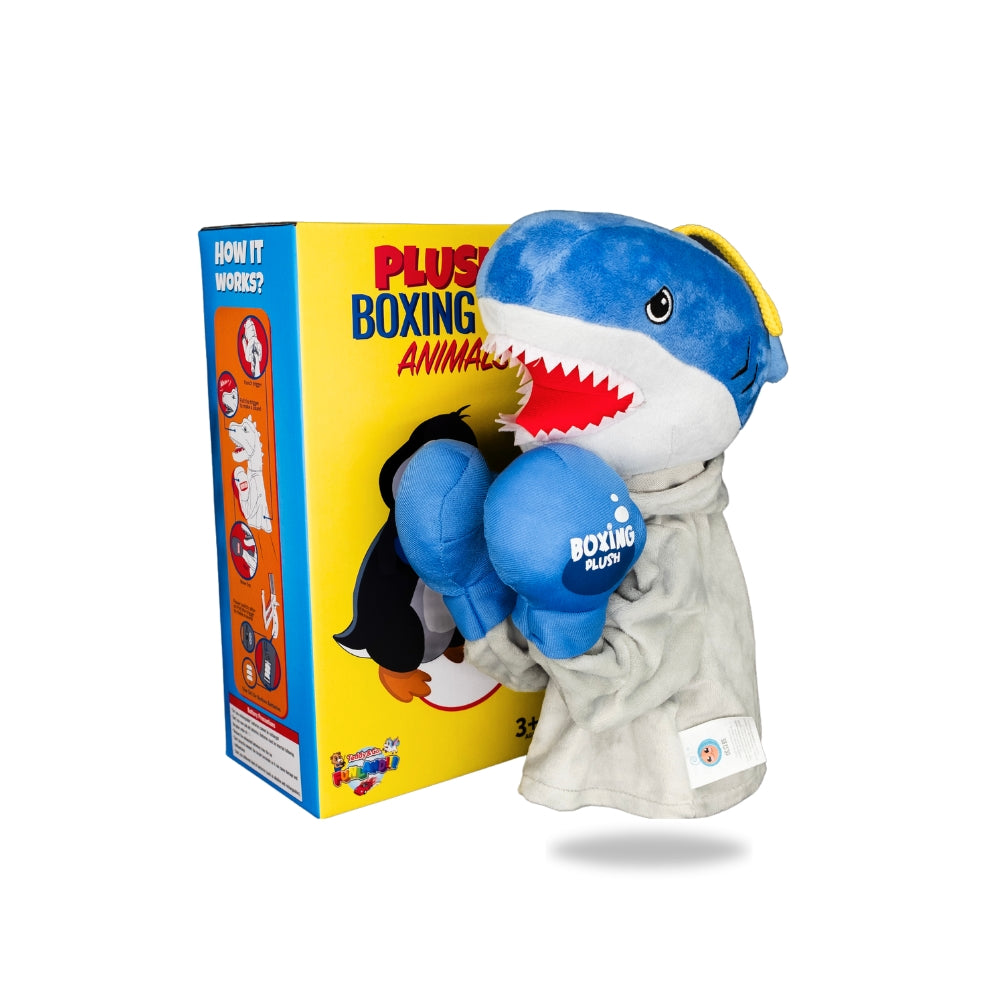 Packaging view of Plush Blue Shark Boxing Toy, displaying the box design and toy features listed.