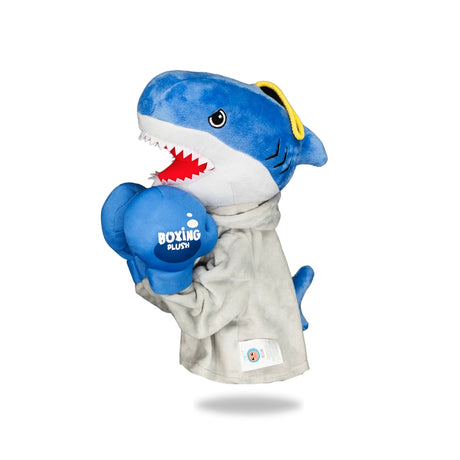 Side view of Plush Blue Shark Boxing Toy, highlighting its side profile and boxing gloves detail.