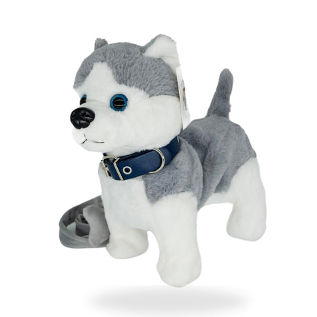 Side view of the Walking Husky Dog toy, highlighting its fluffy fur and leash attachment.