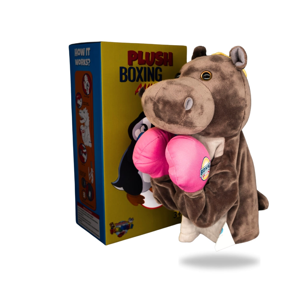 Packaging view of Plush Hippo Boxing Toy, displaying the box design and toy features listed.