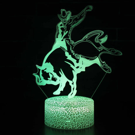 Illuminated Bull rider 3D Lamp in Dark Setting