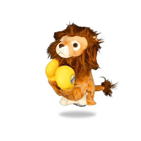 Side view of Plush Lion Boxing Toy, highlighting its side profile and boxing gloves detail.