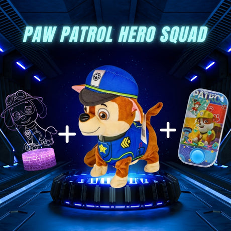 Complete Paw Patrol Hero Squad bundle showing the interactive walking pet, 3D lamp, and water game.
