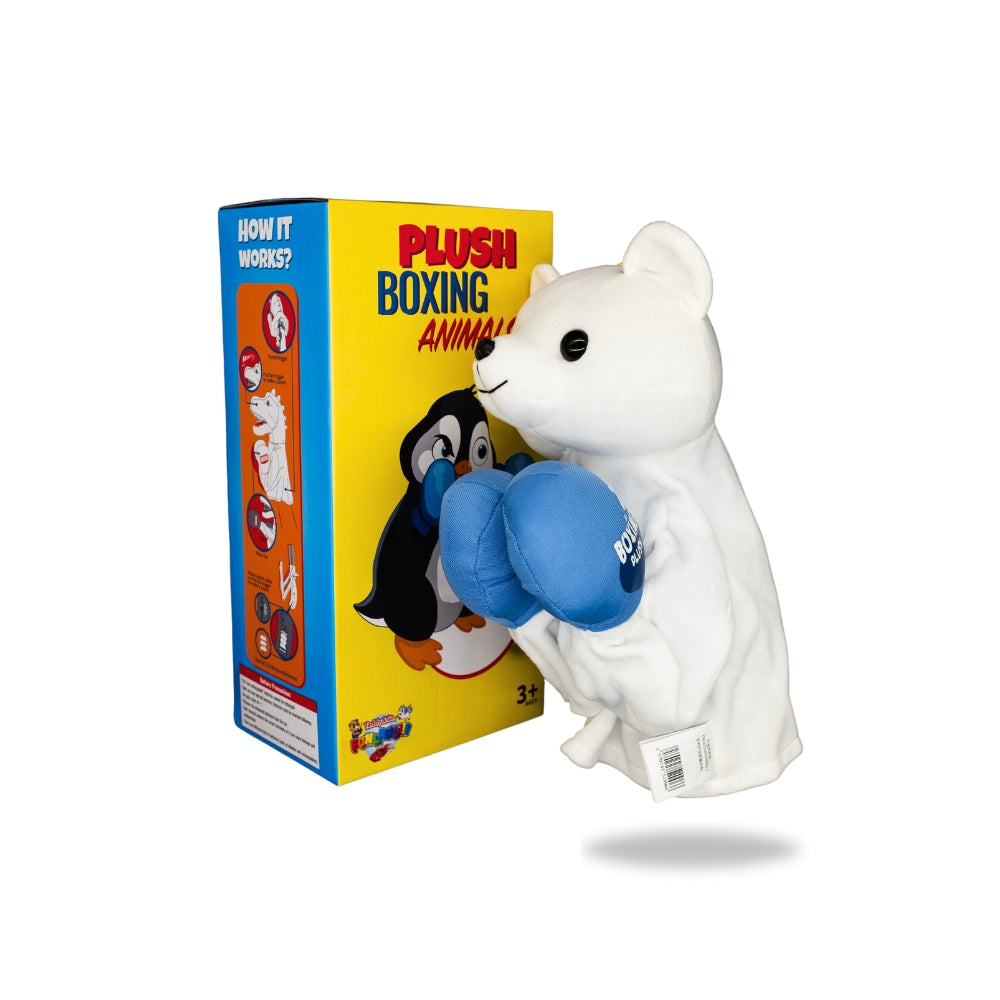 Packaging view of Plush Polar Bear Boxing Toy, displaying the box design and toy features listed.