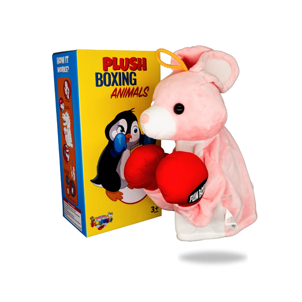 Packaging view of Plush Rabbit Boxing Toy, displaying the box design and toy features listed.