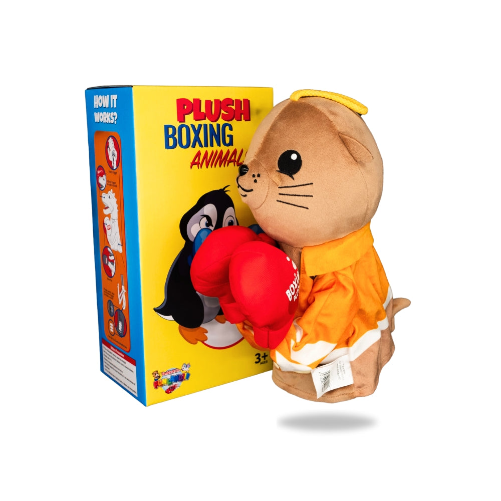 Packaging view of Plush Sealion Boxing Toy, displaying the box design and toy features listed.