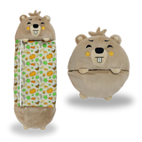 Autumn beaver-themed kids' sleeping bag open, showcasing cozy interior and playful design