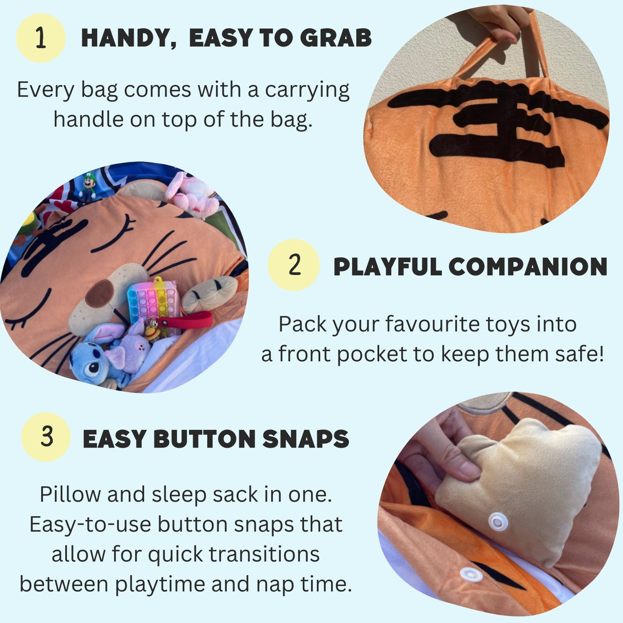 Illustration showing steps to use the pink cat sleeping bag for kids