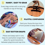 Illustration showing steps to use the pink cat sleeping bag for kids