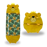 Jungle lion-themed kids' sleeping bag open, showcasing cozy interior and playful design