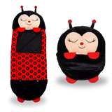 Ladybug-themed kids' sleeping bag open, showcasing cozy interior and playful design