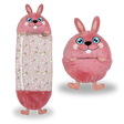 Pink bunny-themed kids' sleeping bag open, showcasing cozy interior and playful design