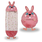 Pink bunny-themed kids' sleeping bag open, showcasing cozy interior and playful design