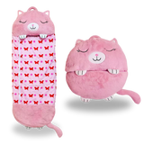 Pink cat-themed kids' sleeping bag open, showcasing cozy interior and cute design
