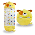 Yellow dog-themed kids' sleeping bag open, showcasing cozy interior and playful design