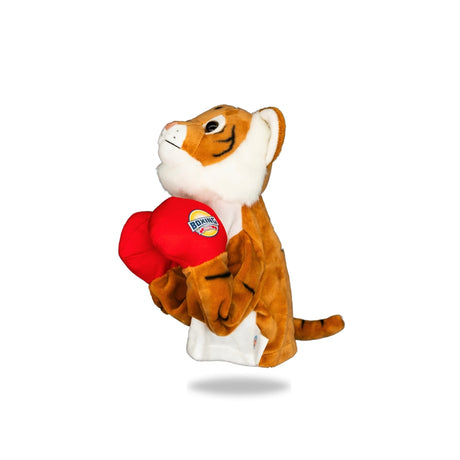 Side view of Plush Tiger Boxing Toy, highlighting its side profile and boxing gloves detail.