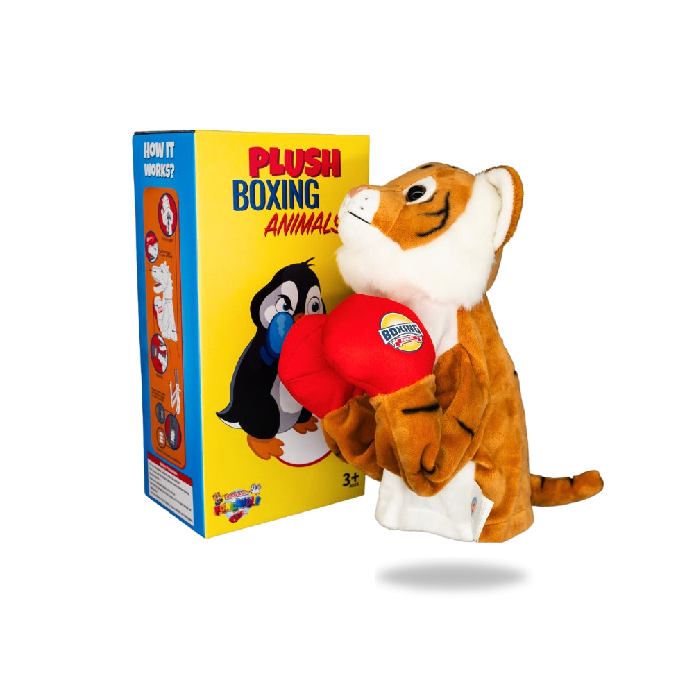 Packaging view of Plush Tiger Boxing Toy, displaying the box design and toy features listed.