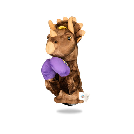 Side view of Plush Triceratops Boxing Toy, highlighting its side profile and boxing gloves detail.