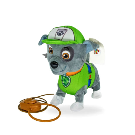 Front view of Walking Paw Patrol Rocky toy, featuring detailed recycling uniform and cheerful expression.
