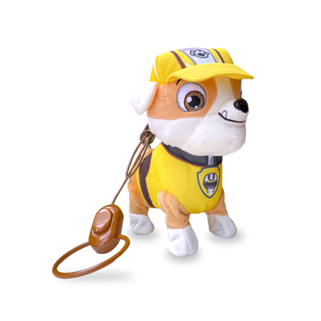 Front view of Walking Paw Patrol Rubble toy with detailed facial and body features.