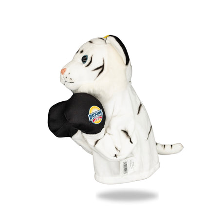 Side view of Plush White Tiger Boxing Toy, highlighting its side profile and boxing gloves detail.