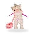 Front view of the Walking Sequin White Unicorn toy with leash, showing off its shimmering sequin-covered body and playful expression.