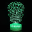 Iluminated Patterned Skull 3D Lamp in Dark Setting