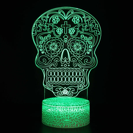 Iluminated Patterned Skull 3D Lamp in Dark Setting