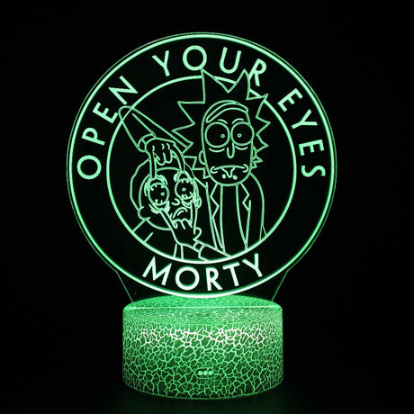 Illuminated Rick And Morty Open Your Eyes 3D Lamp in Dark Setting