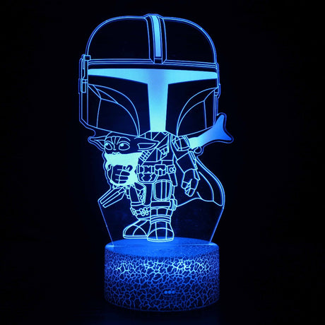 Illuminated Star Wars Baby Mandalorian 3D Lamp in Dark Setting