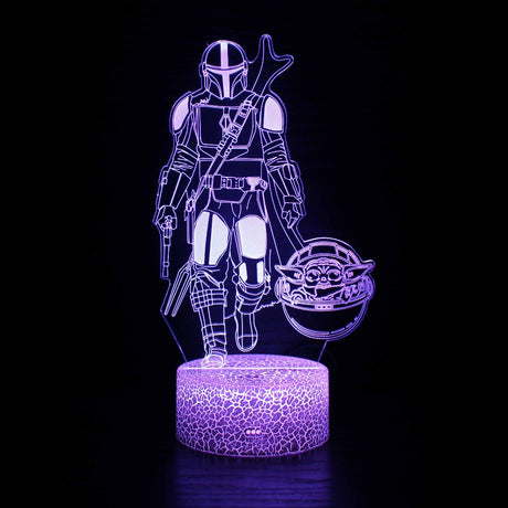Illuminated Star Wars Mandalorian And Yoda 3D Lamp in Dark Setting
