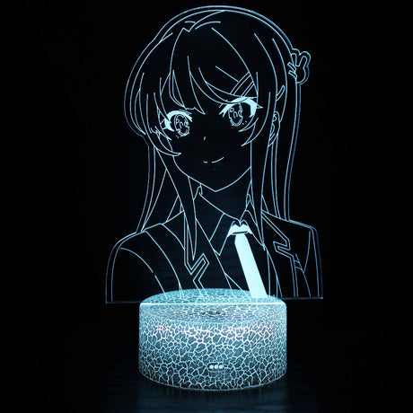 Illuminated Anime Waifu Mai Sakurajima 3D Lamp in Dark Setting