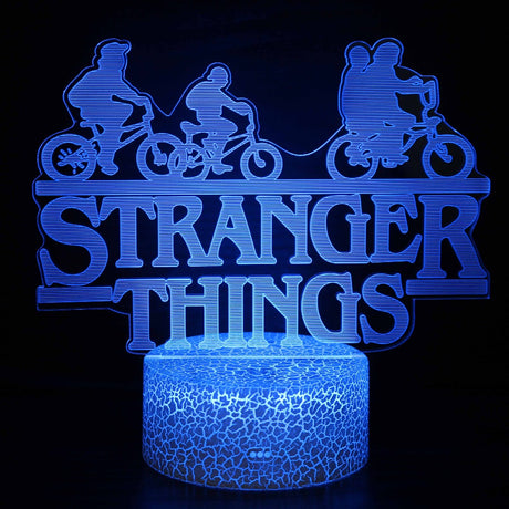 Illuminated Stranger Things Logo and Bikes 3D Lamp in Dark Setting