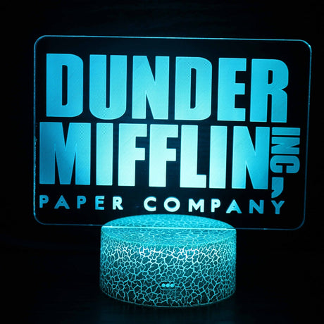 Illuminated The Office Dunder Mifflin Logo 3D Lamp in Dark Setting
