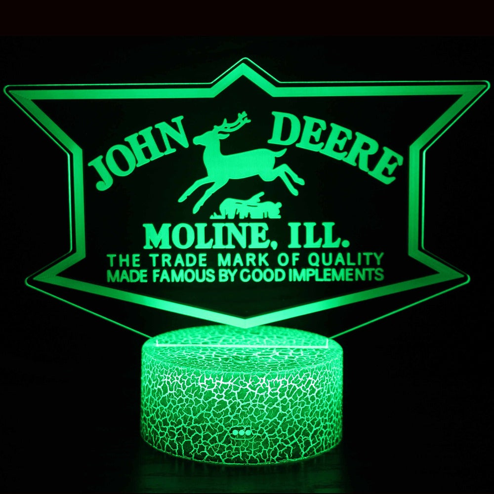 Illuminated John Deere Logo 3D Lamp in Dark Setting
