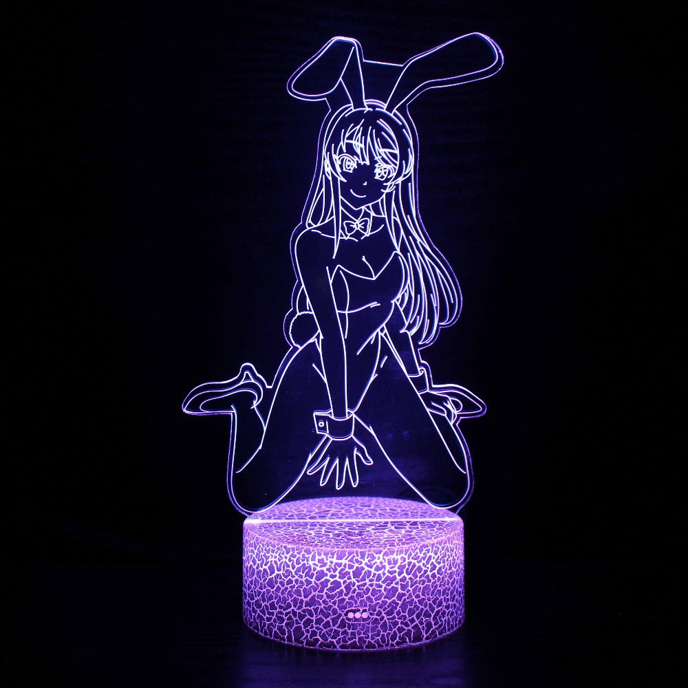 Illuminated Bunny Girl Senpai Mai Sakurajima Kneeling 3D Lamp in Dark Setting
