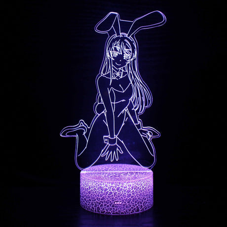 Illuminated Bunny Girl Senpai Mai Sakurajima Kneeling 3D Lamp in Dark Setting