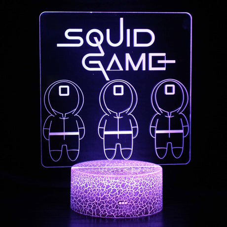 Illuminated Squid Game Text With Three Characters 3D Lamp in Dark Setting