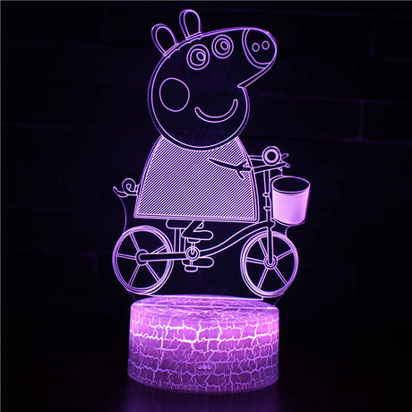 Illuminated Peppa Pig Riding A Bike 3D Lamp in Dark Setting
