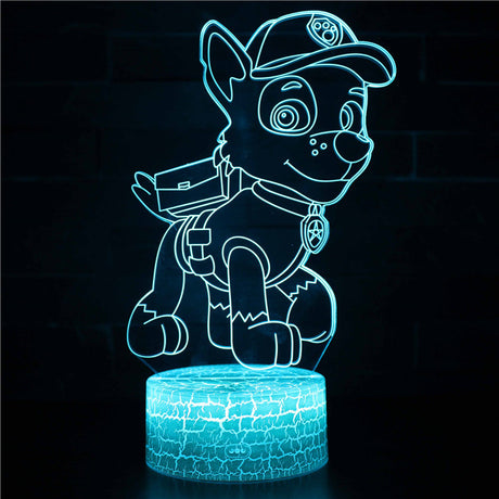 3D LED lamp of Paw Patrol's Rocky illuminated, showcasing the eco-friendly recycling theme.